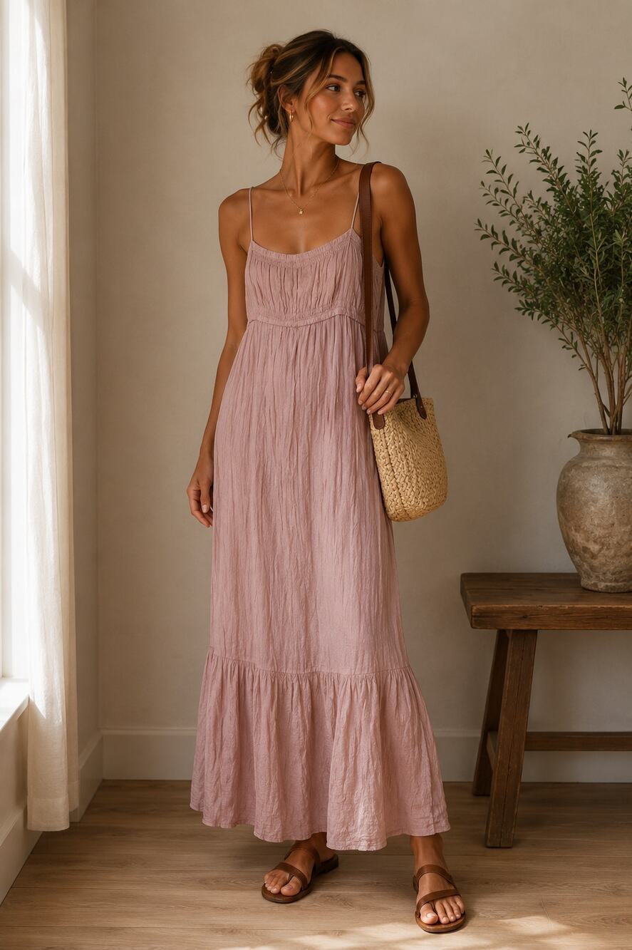 Zara Light Pink Crepe Maxi Dress Womens XL Casual Boho Festival Blogger Favorite